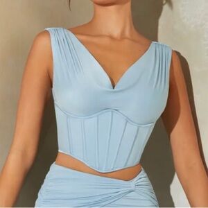 NWT Oh Polly Ruched Shoulder Corset Crop Top Size 2 Sky Blue